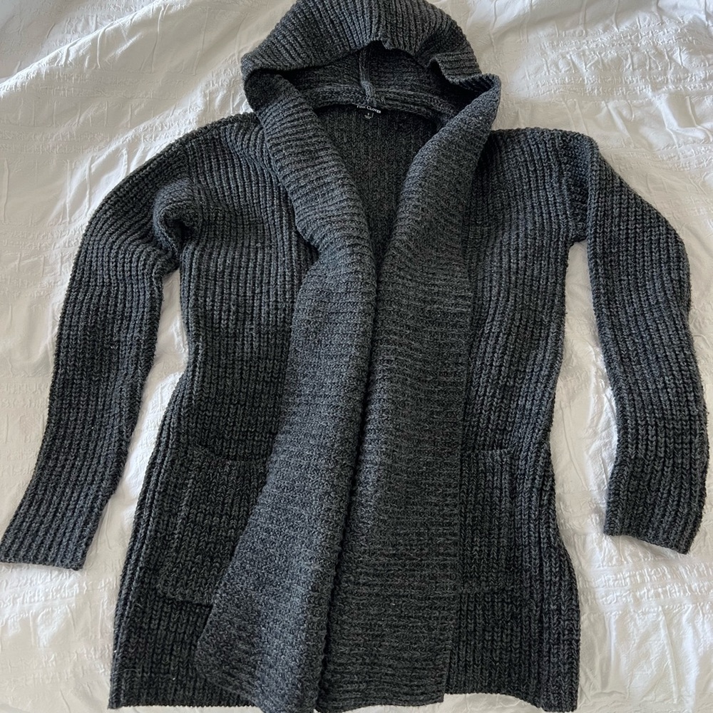 Pink Clover, dark grey hooded cardigan. Size Small